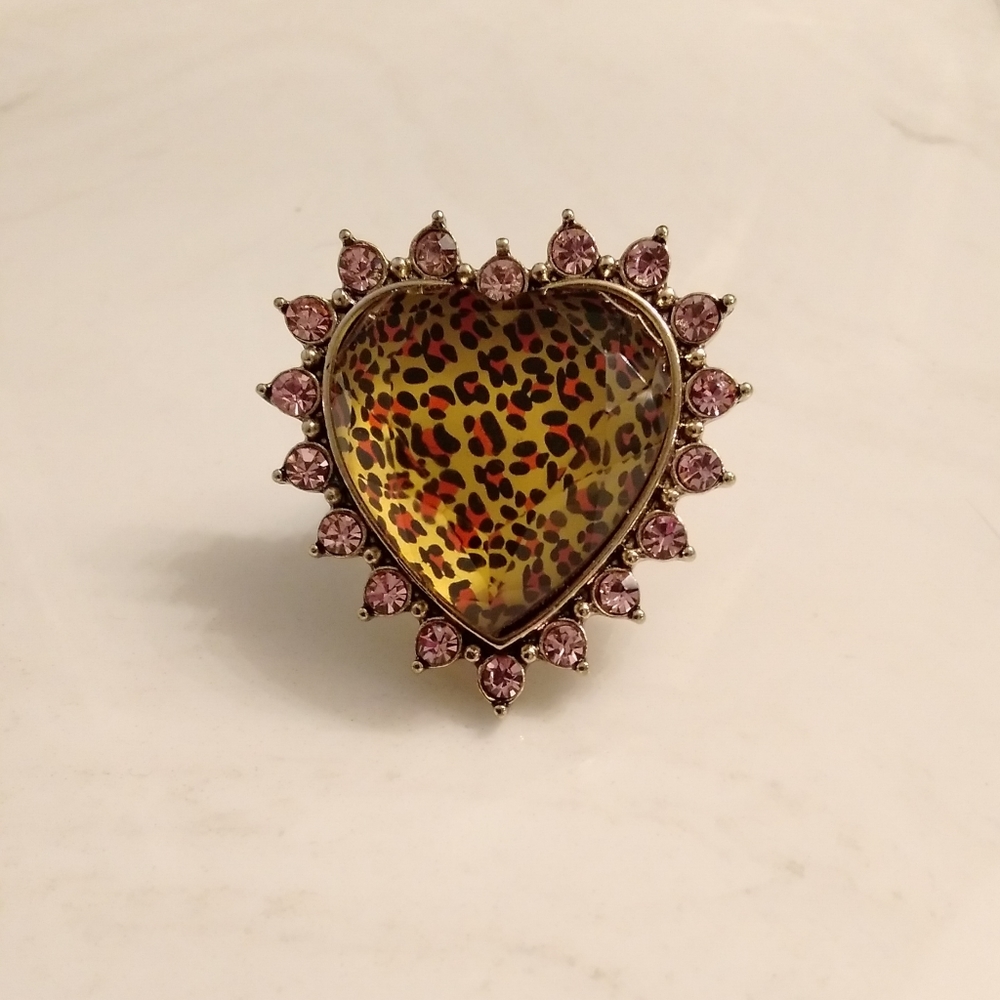 Betsey Johnson Pink & Leopard Heart Ring